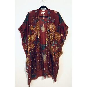 Woven Heart Kimono Top Womens One Size Red Floral Gold Metallic Fringe Boho